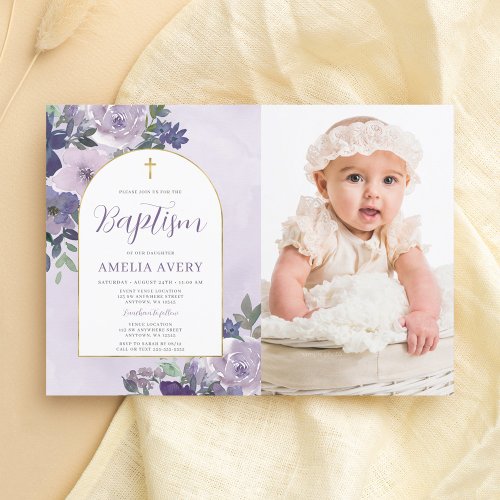 Elegant Purple Floral Gold Arch Girl Baptism Photo Invitation