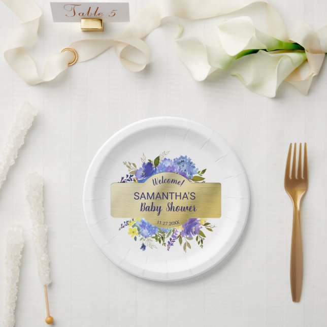 Elegant Purple Floral Gold Baby Shower Welcome Paper Plates (Wedding)