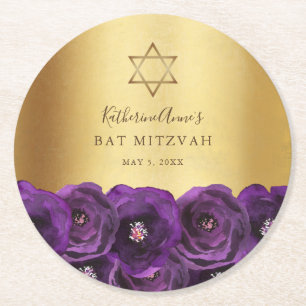 Elegant Purple Floral Gold Bat Mitzvah Round Paper Coaster