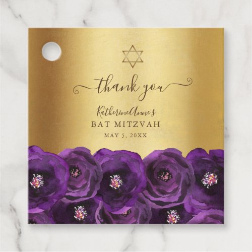 Elegant Purple Floral Gold Bat Mitzvah Thank You
