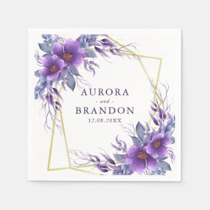Elegant Purple Floral Gold Geometric Frame Wedding Napkins