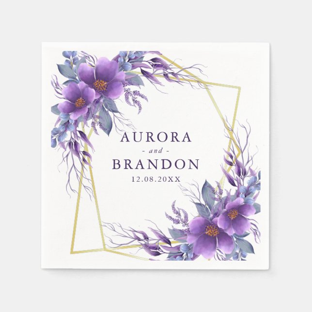 Elegant Purple Floral Gold Geometric Frame Wedding Napkins (Front)