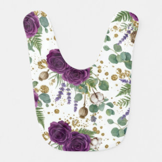Elegant Purple Floral & Gold Glitter Baby Bib