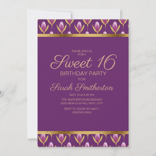 Elegant Purple Floral Gold Sweet 16 Birthday Invitation