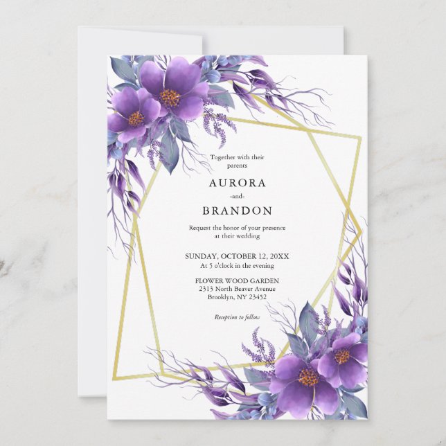 Elegant Purple Floral Golden Geometric Wedding Invitation (Front)