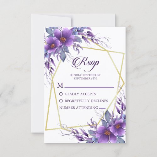 Elegant Purple Floral Golden Geometric Wedding  RSVP Card