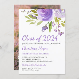 Elegant Purple Floral Graduation Party Photo Invitation