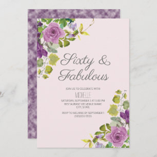 Elegant Purple Floral Green Vines 60th Birthday Invitation