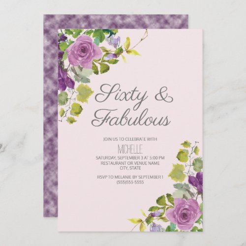 Elegant Purple Floral Green Vines 60th Birthday Invitation