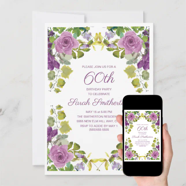 Elegant Purple Floral Green Vines 60th Birthday Invitation 