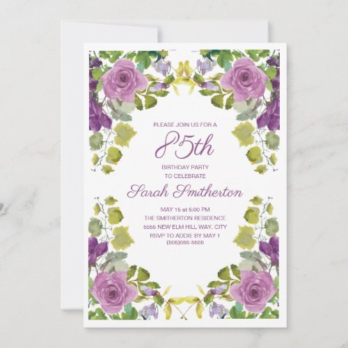 Elegant Purple Floral Green Vines 85th Birthday Invitation