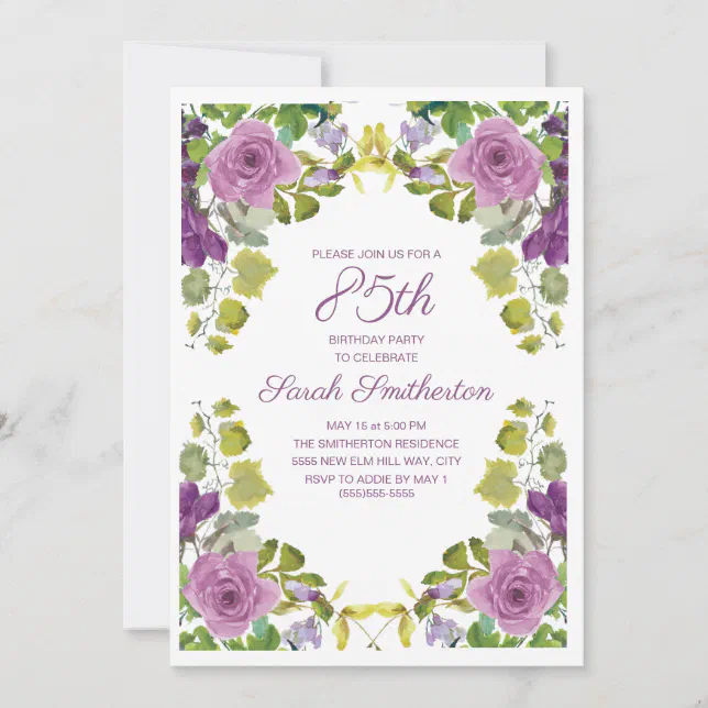 Elegant Purple Floral Green Vines 85th Birthday Invitation | Zazzle