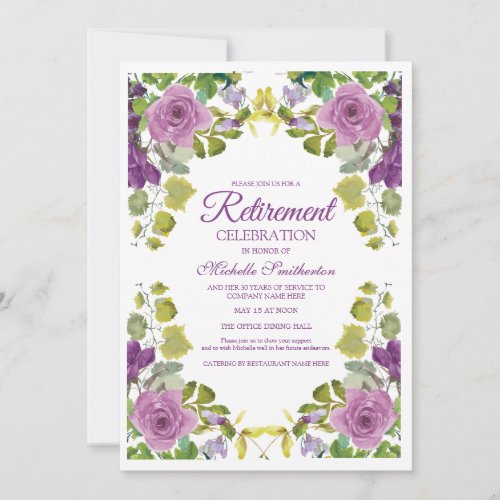 Elegant Purple Floral Green Vines Retirement Party Invitation