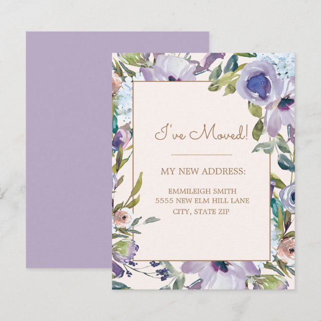 Elegant Purple Floral Greenery Change Address Invitation (Front/Back)