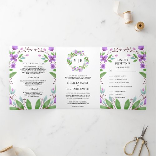 Elegant Purple Floral Greenery Monogram Wedding Tri_Fold Invitation