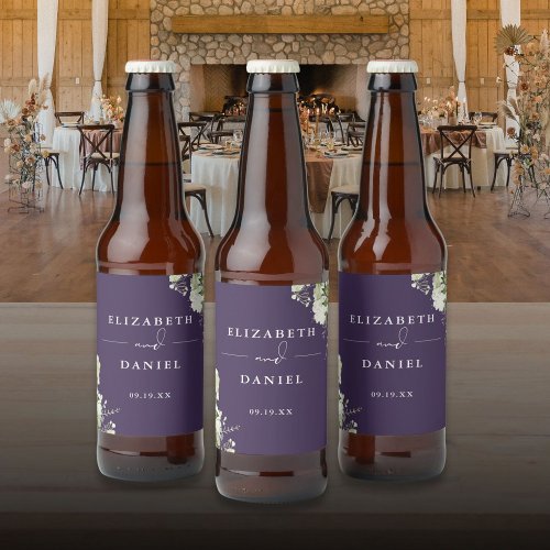 Elegant Purple Floral Greenery Wedding Beer Bottle Label