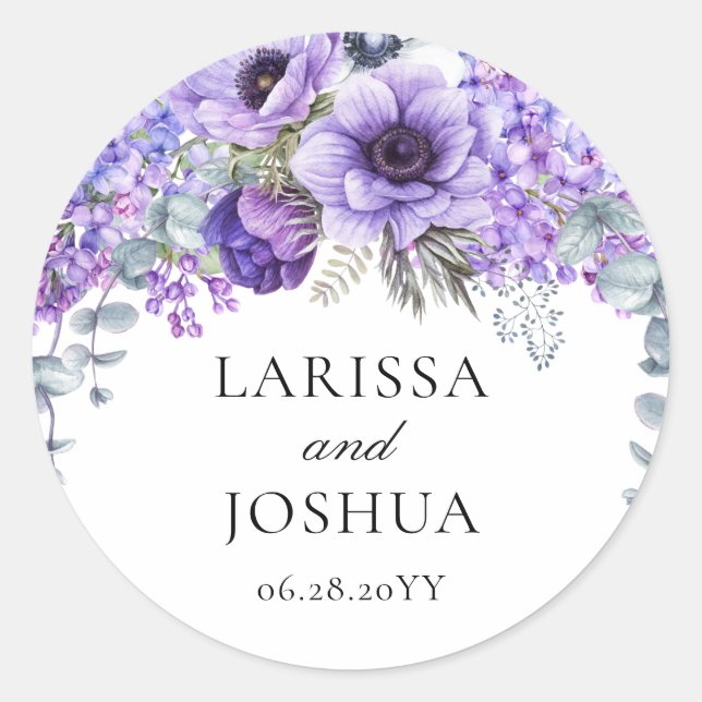 Elegant Purple Floral Greenery Wedding Classic Round Sticker (Front)