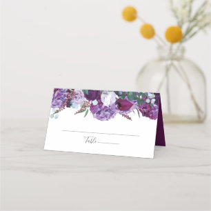 Elegant Purple Floral Greenery Wedding Script Place Card