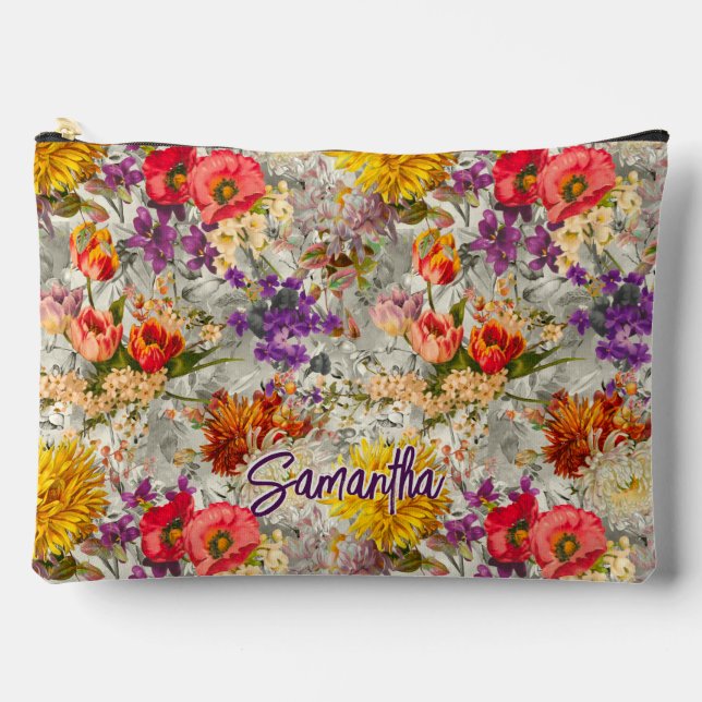 Elegant purple floral grey pattern monogram  accessory pouch (Front)