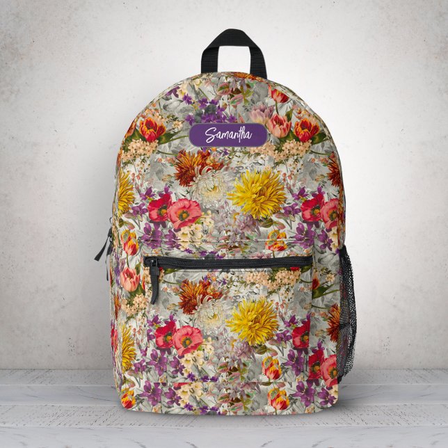 Elegant purple floral grey pattern monogram printed backpack (Creator Uploaded)
