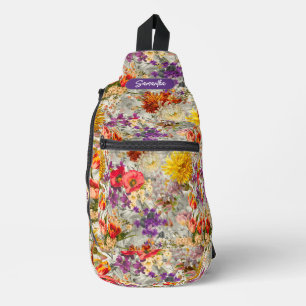 Elegant purple floral grey pattern monogram sling bag