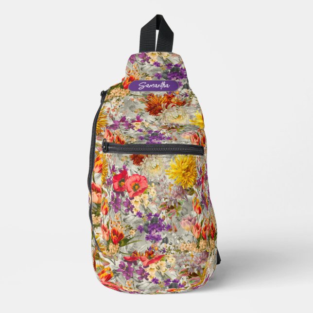 Elegant purple floral grey pattern monogram sling bag (Front)
