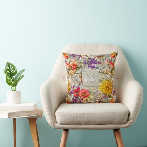 Elegant purple floral grey pattern monogram throw pillow