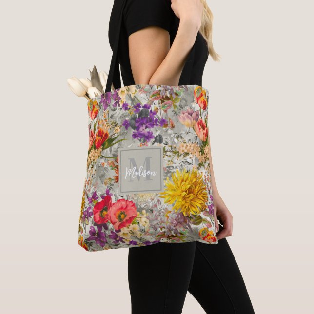 Elegant purple floral grey pattern monogram tote bag (Close Up)