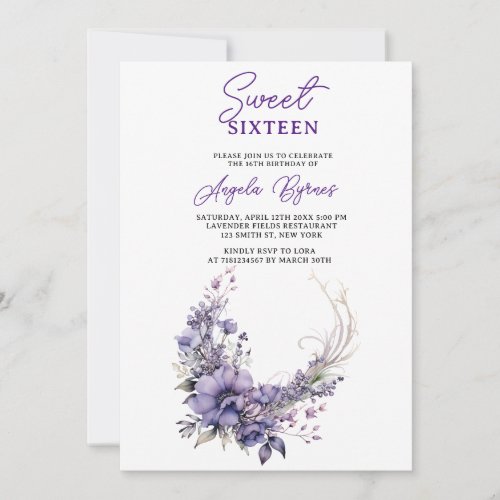 Elegant Purple Floral Half Circle Wreath Birthday Invitation