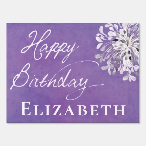 Elegant Purple Floral Happy Birthday Sign