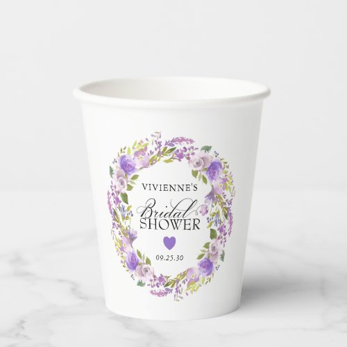 Elegant Purple Floral Heart Bridal Shower Paper Cups