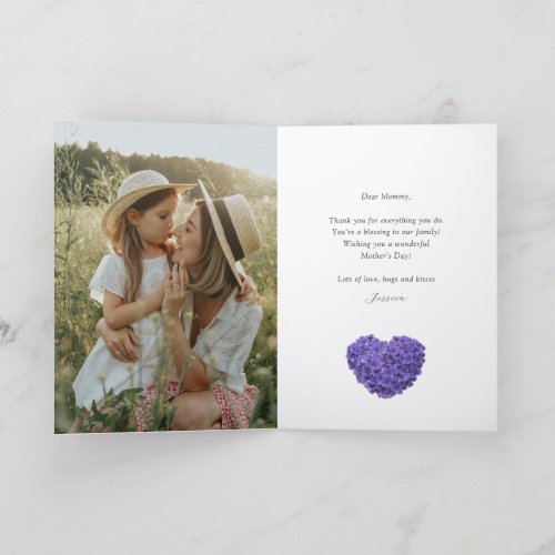Elegant Purple Floral Heart Photo Mothers Day Card