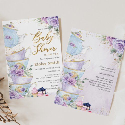 Elegant Purple Floral High Tea Party Baby Shower Invitation