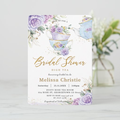 Elegant Purple Floral High Tea Party Bridal Shower Invitation Zazzle