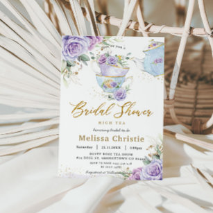 Elegant Purple Floral High Tea Party Bridal Shower Invitation