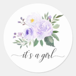 Elegant Purple Floral It's A Girl Baby Shower Classic Round Sticker