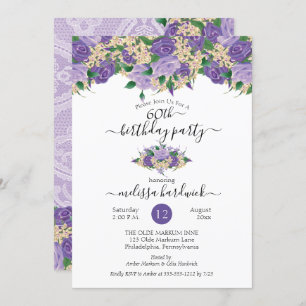 Elegant Purple Floral Lace 60th Birthday Party Invitation