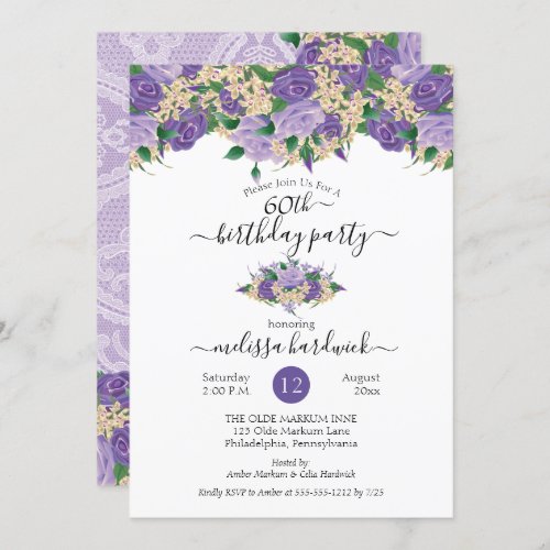 Elegant Purple Floral  Lace 60th Birthday Party Invitation