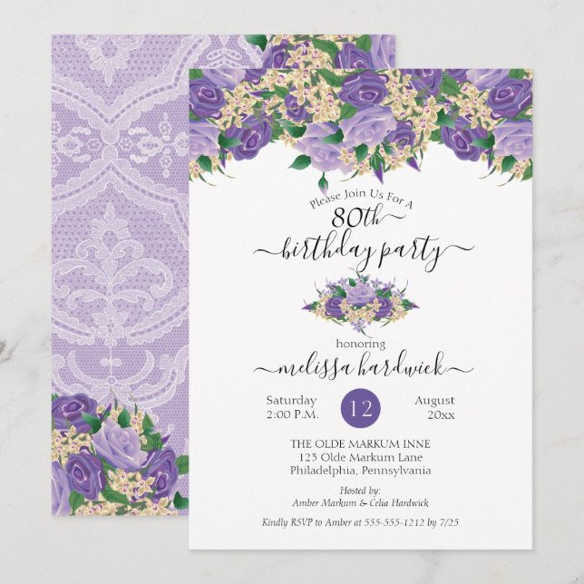 Elegant Purple Floral | Lace 80th Birthday Party Invitation (Front/Back)
