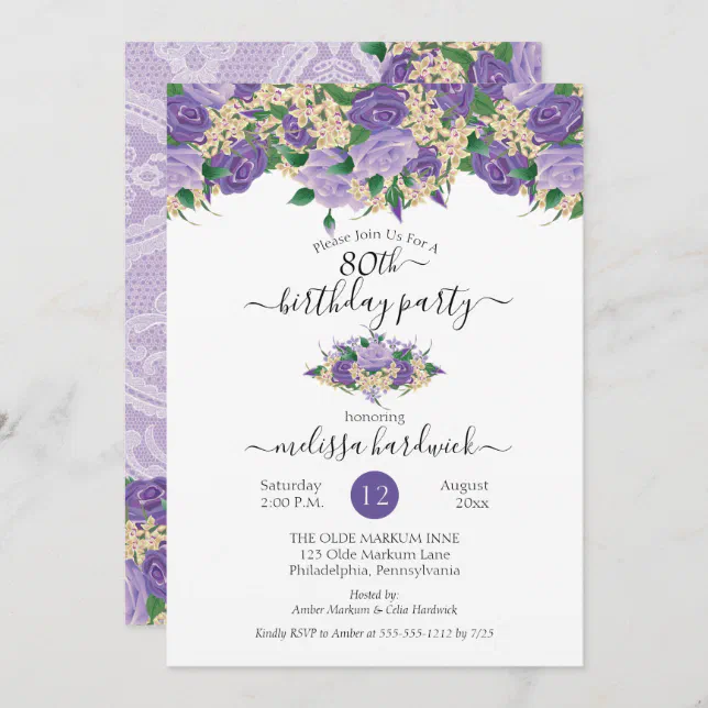 Elegant Purple Floral | Lace 80th Birthday Party Invitation | Zazzle