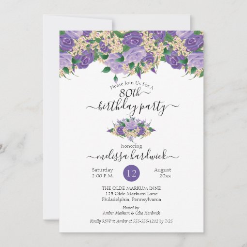 Elegant Purple Floral | Lace 80th Birthday Party Invitation | Zazzle