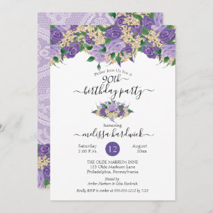 Elegant Purple Floral Lace 90th Birthday Party Invitation