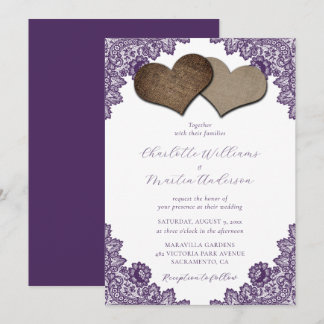 Elegant Purple Floral Lace Burlap Hearts Wedding Invitation