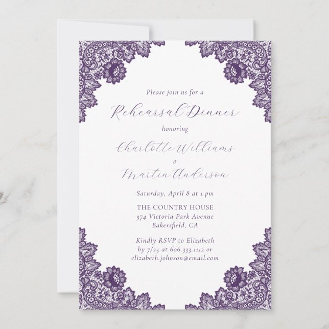 Elegant Purple Floral Lace Hearts Rehearsal Dinner Invitation (Front)