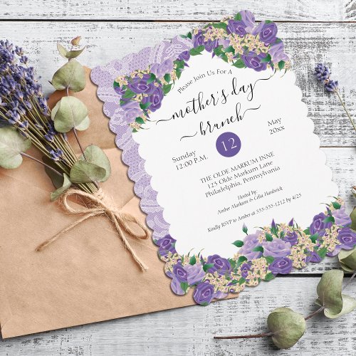 Elegant Purple Floral Lace Mothers Day Brunch Invitation