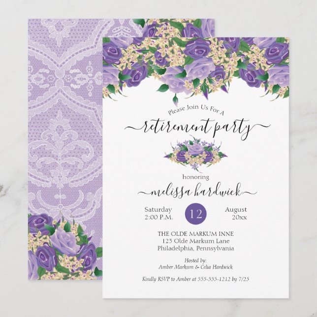 Elegant Purple Floral | Lace Retirement Party Invitation (Front/Back)