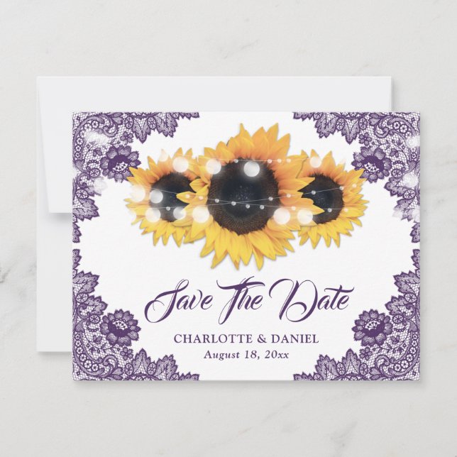 Elegant Purple Floral Lace Sunflower Wedding Announcement (Front)