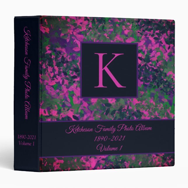 Elegant Purple Floral Leafy Monogram Family Photo 3 Ring Binder (Front/Spine)