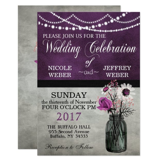 Elegant Purple Floral Mason Jar Wedding Invitation