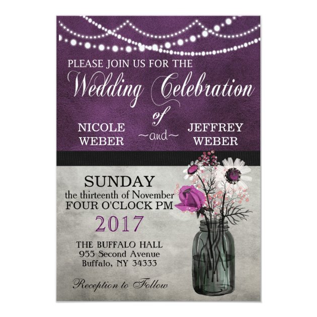 Elegant Purple Floral Mason Jar Wedding Invitation